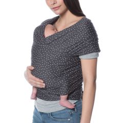 Mum wearing baby inward facing in Aura Wrap Twinkle Grey Baby Carrier